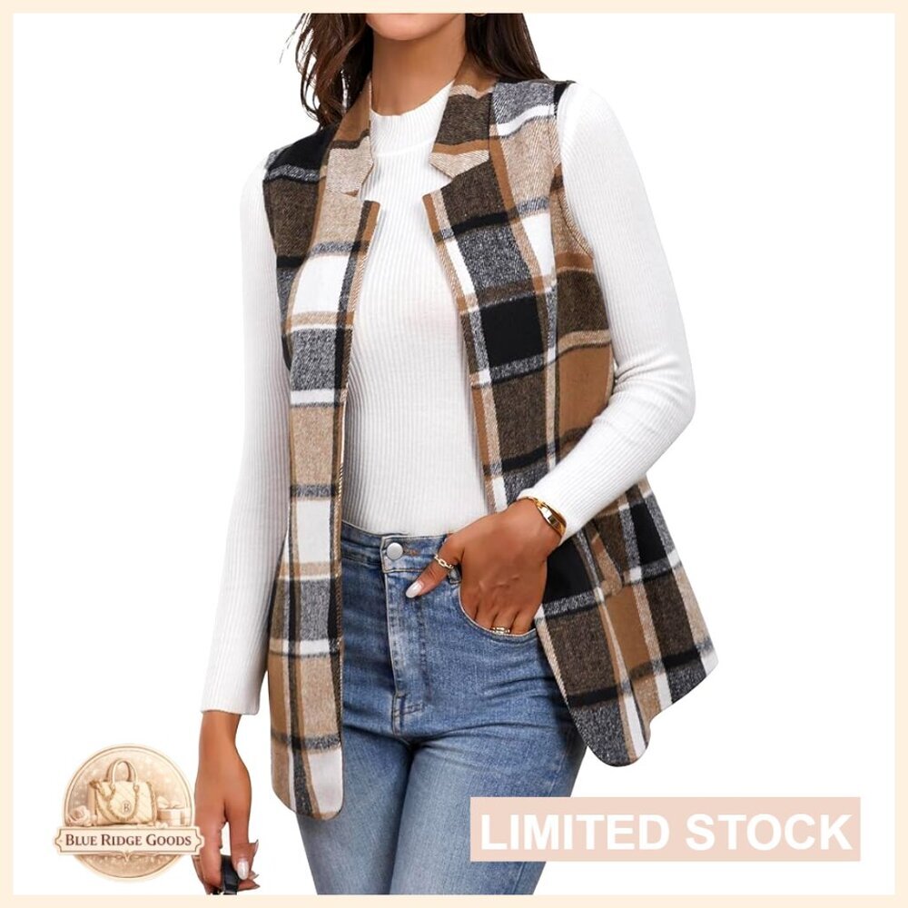 Wool Plaid Vest Sleeveless Blazer Slim Fit Office Casual Trench Coat Style